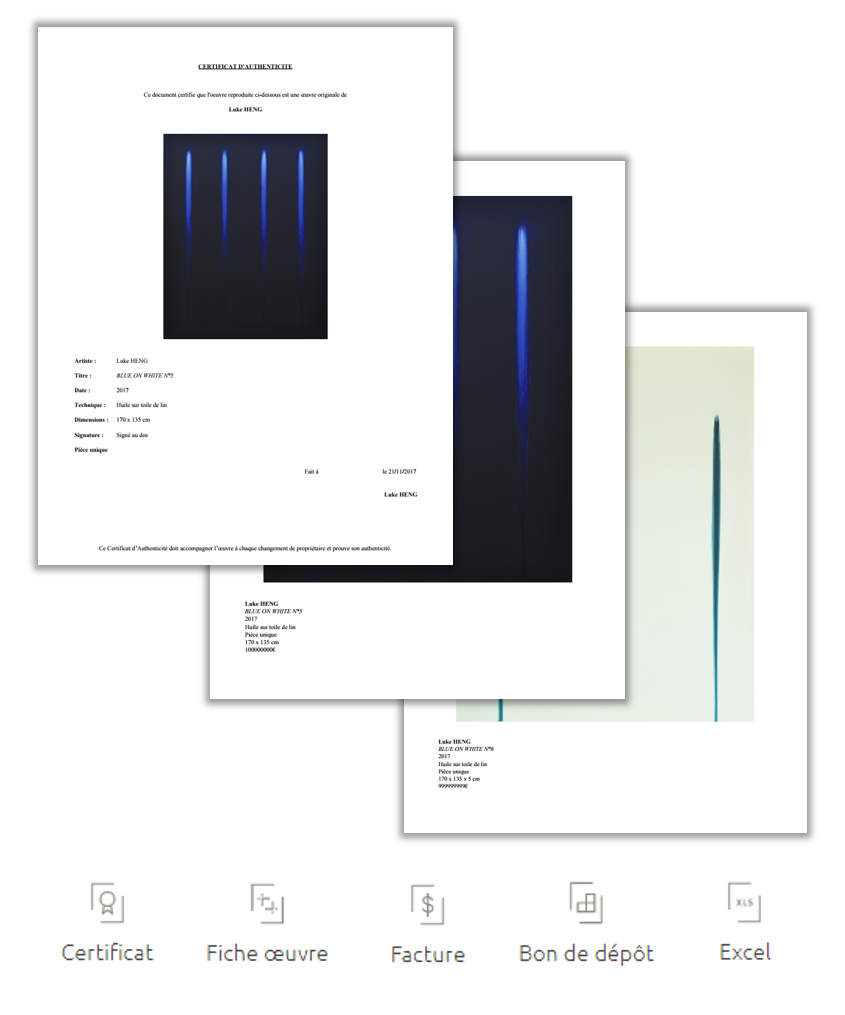 documents d’Artis : certificat d’authenticité, facture, fiche-œuvre, bon de dépôt, Excel – version mobile