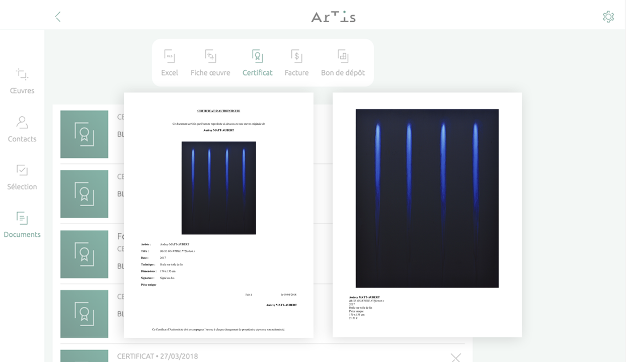 documents d’Artis : certificat d’authenticité, facture, fiche-œuvre, bon de dépôt, Excel – version desktop