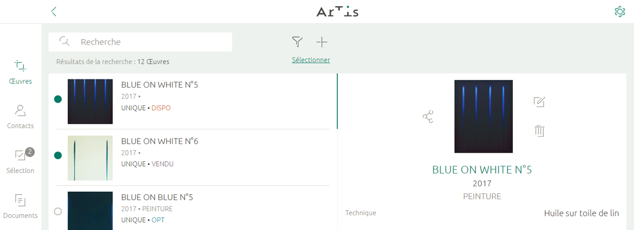 liste des œuvres de l’inventaire Artis – détail d’une fiche œuvre Artis - version desktop)