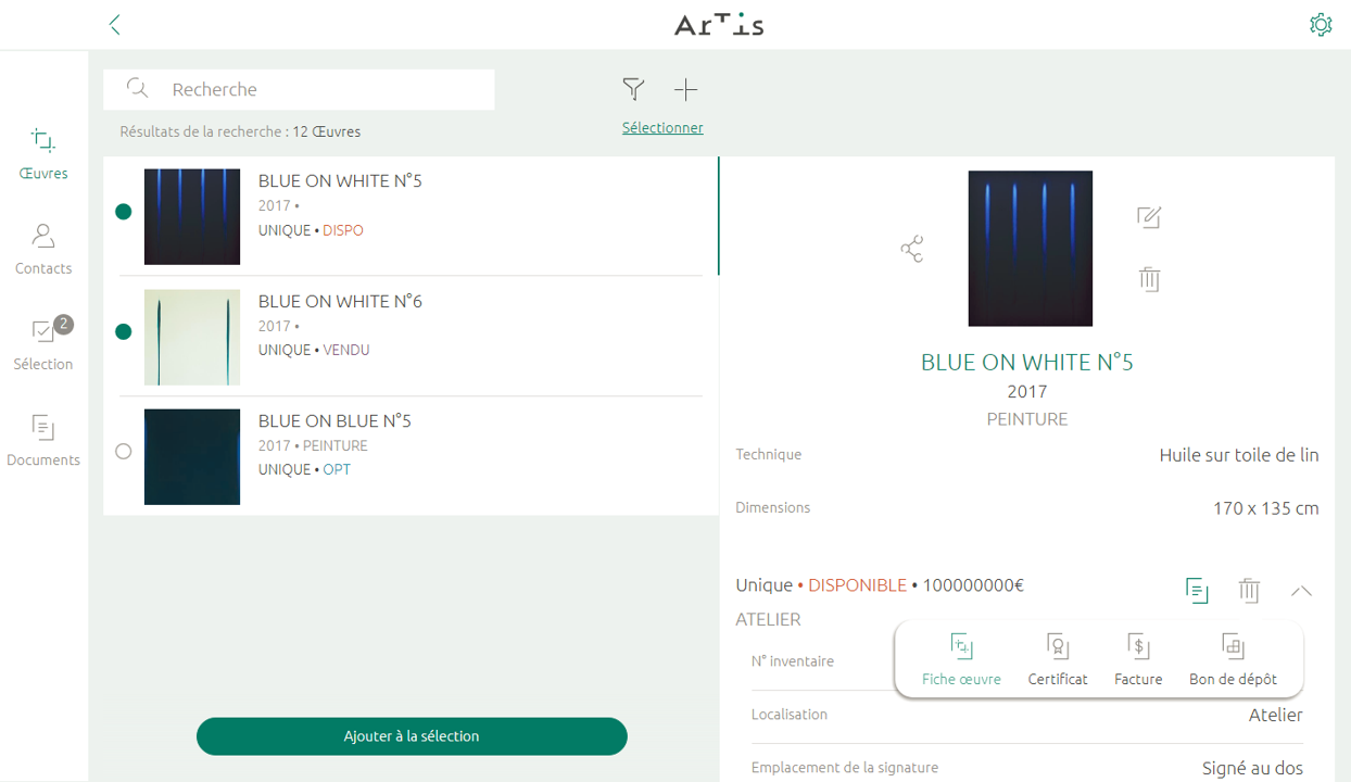 liste des œuvres de l’inventaire Artis – détail d’une fiche œuvre Artis – version desktop